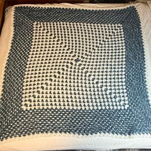 Vintage Handmade Blue and White Crochet Blanket 53”x56”